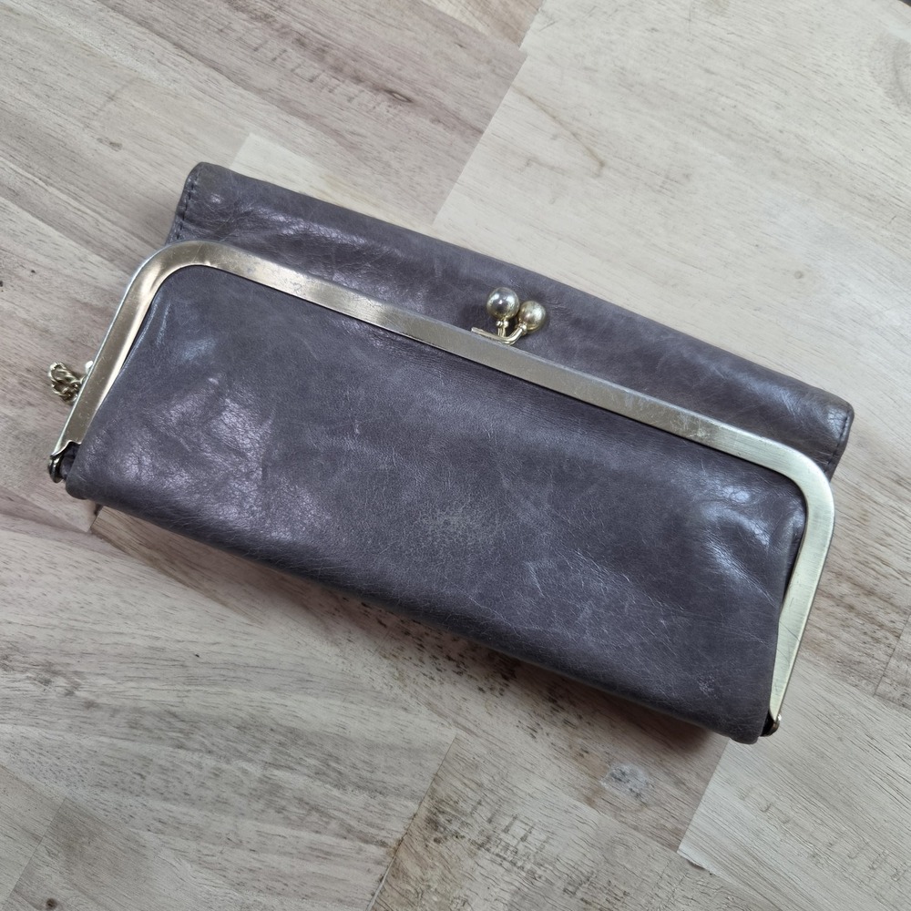 HOBO Rachel Continental Wallet Leather Clutch Kiss Lock Preowned Gray